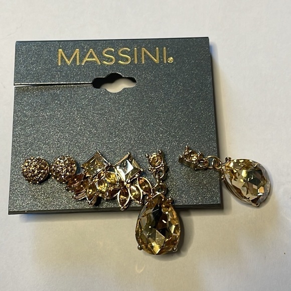 NWT Massini Set of 3 Fashion Earrings Crystal Jewel Gold Tone - Picture 5 of 7